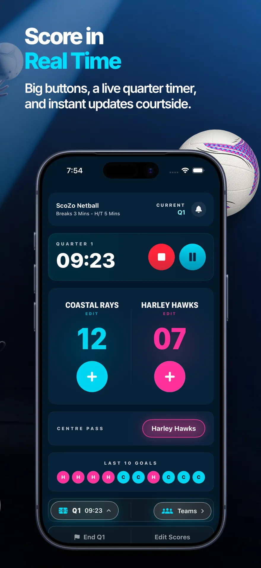 ScoZo netball scoring screen with live quarter timer, team scores, centre pass and last 10 goals