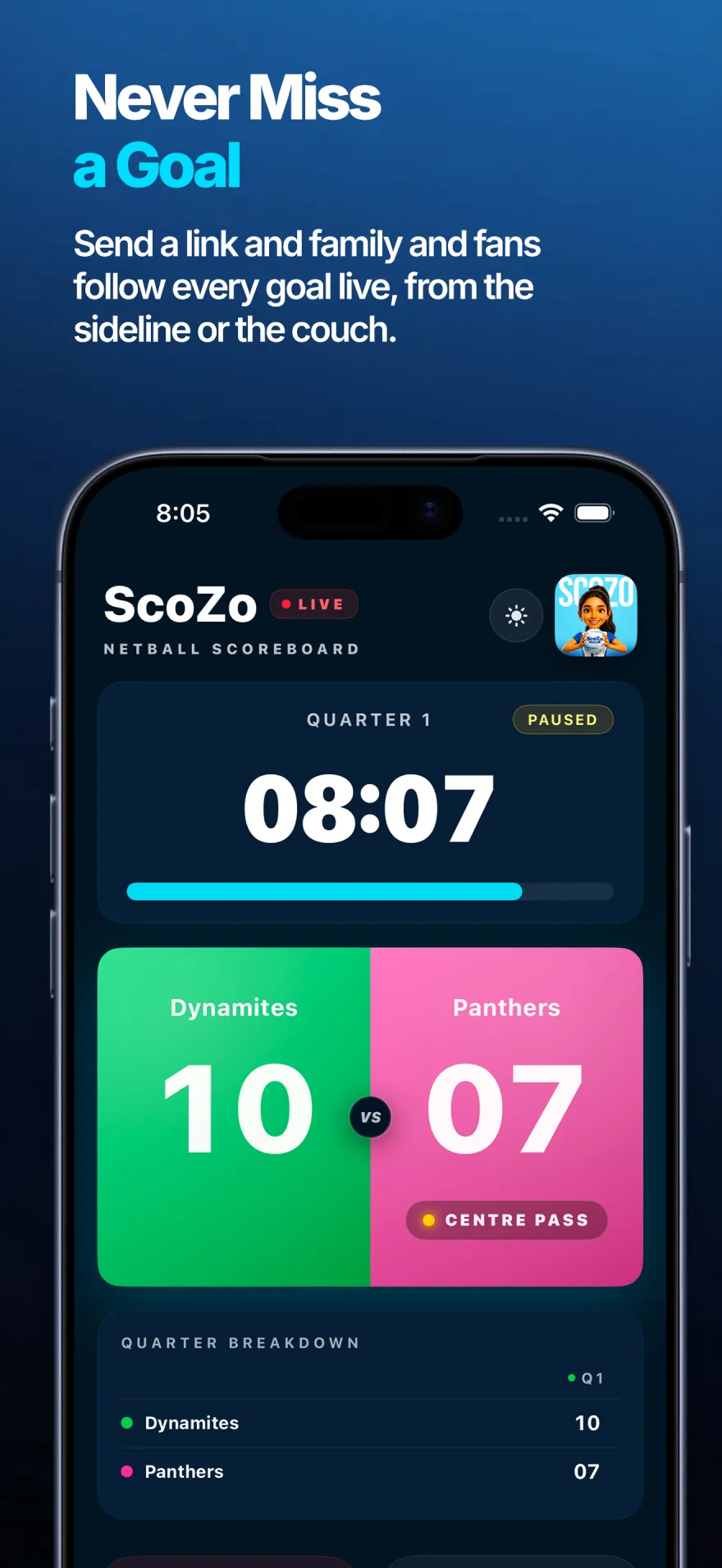 ScoZo netball scoreboard marked Live, with both team scores and the centre pass, shared with family and fans