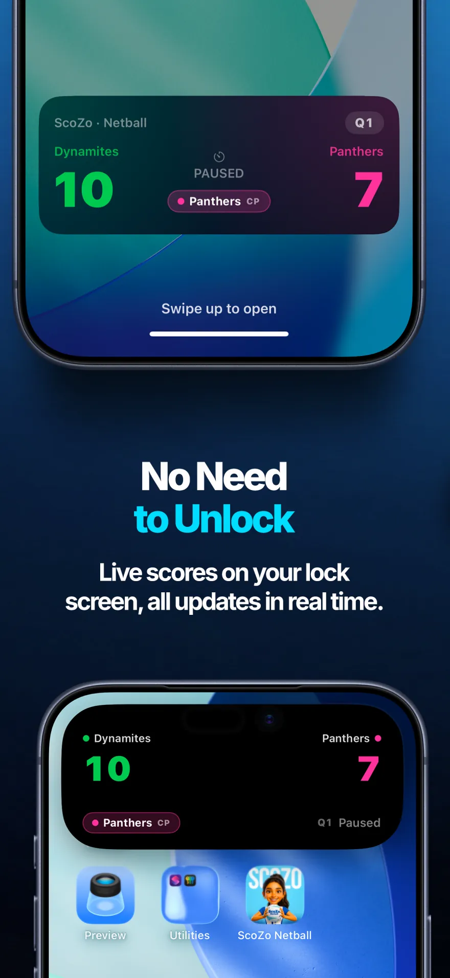ScoZo netball live score on the iPhone Lock Screen and Dynamic Island, no need to unlock