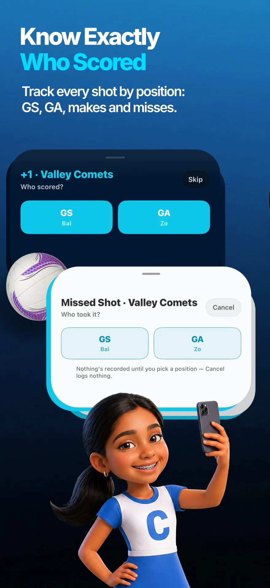 ScoZo netball Detailed Scoring sheets asking who scored and who took a missed shot, GS or GA