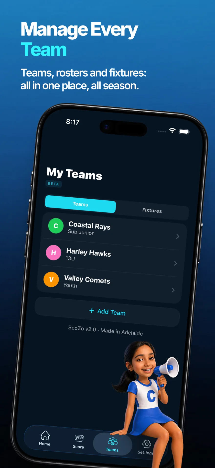 ScoZo netball My Teams screen with Coastal Rays, Harley Hawks and Valley Comets