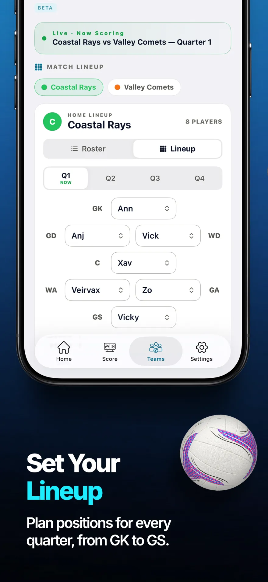 ScoZo netball match lineup with a player assigned to every position for each quarter