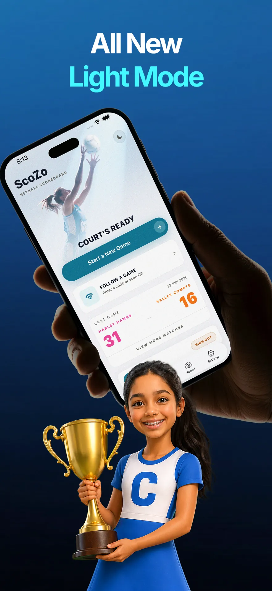 ScoZo netball app in the new light mode on the Court's Ready home screen