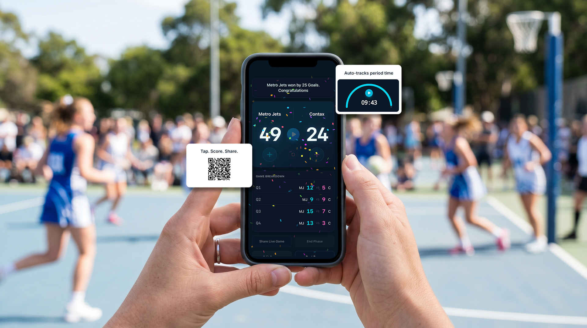 ScoZo Netball app — live score tracking on iPhone