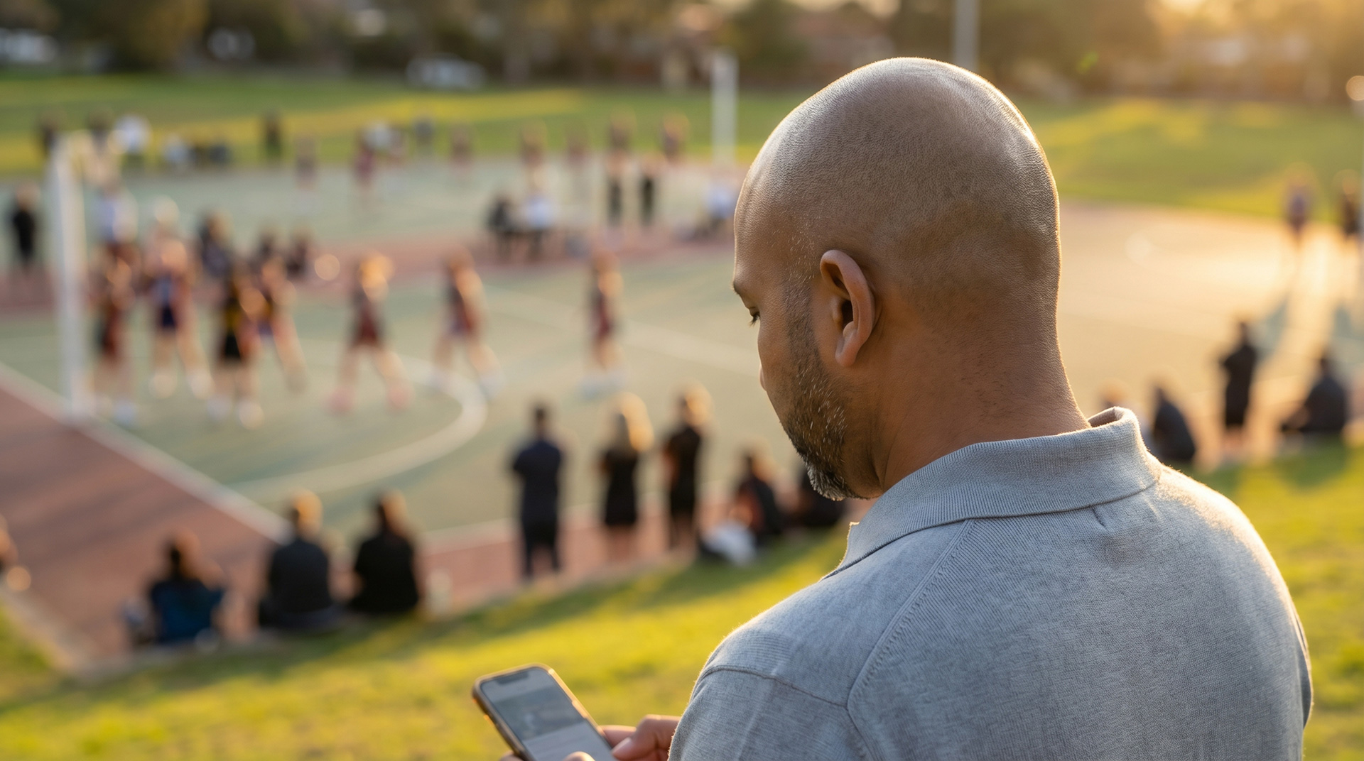Aussie sports dad tracking score on the sidelines