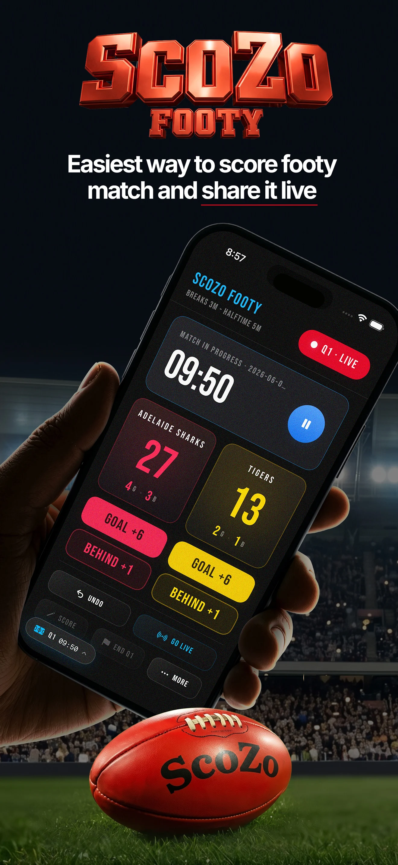 ScoZo Footy scoring screen with live quarter timer and team scores