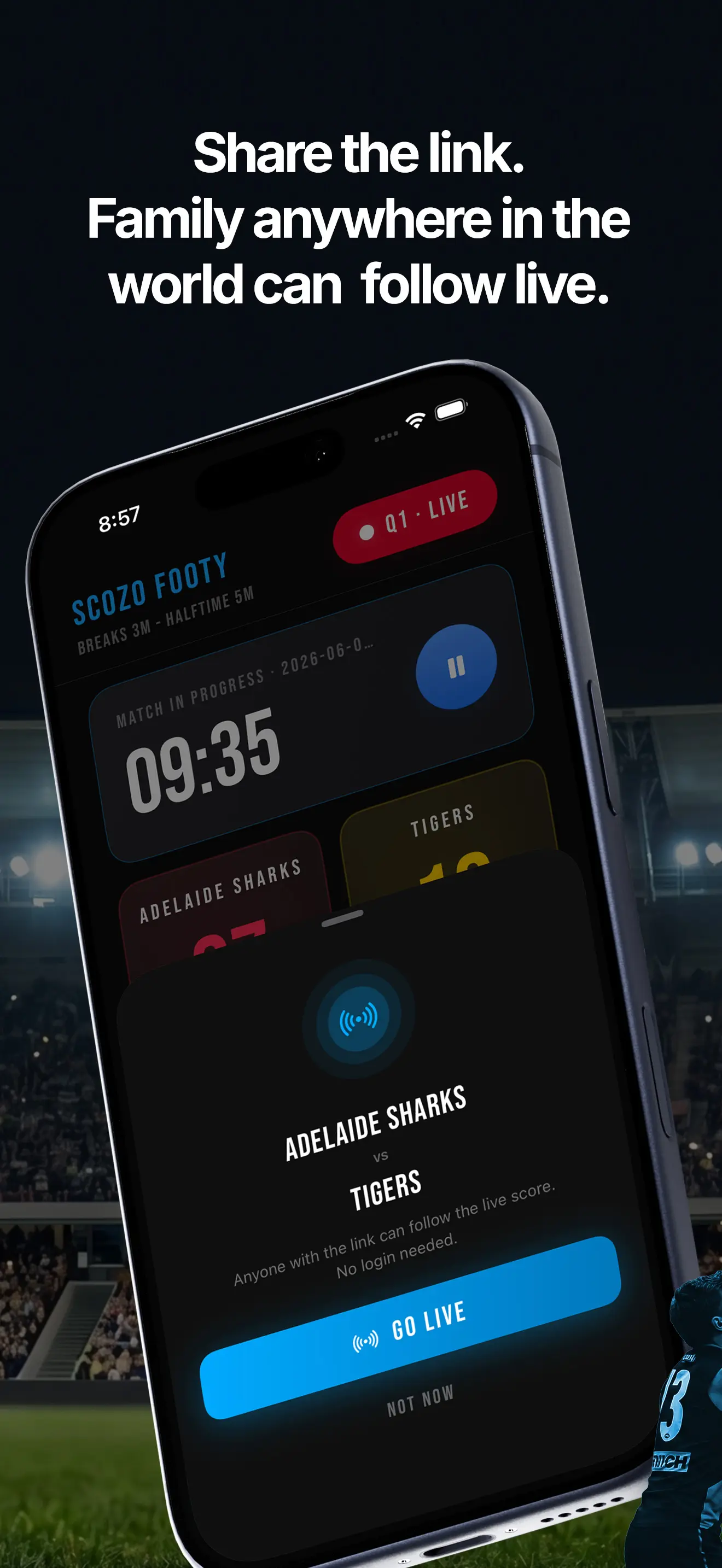 ScoZo Footy live share screen with QR code to broadcast the match score