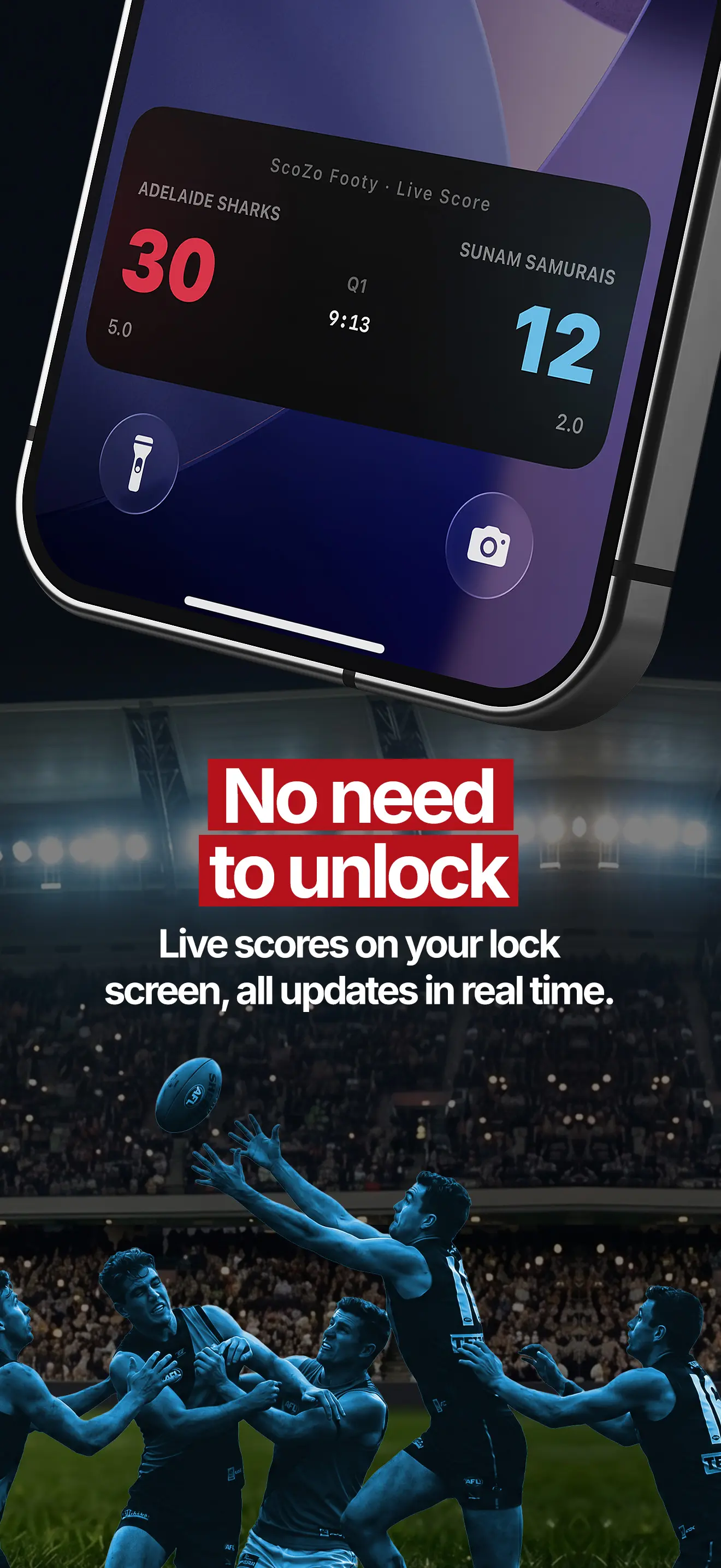 ScoZo Footy live score on iPhone Dynamic Island and Lock Screen