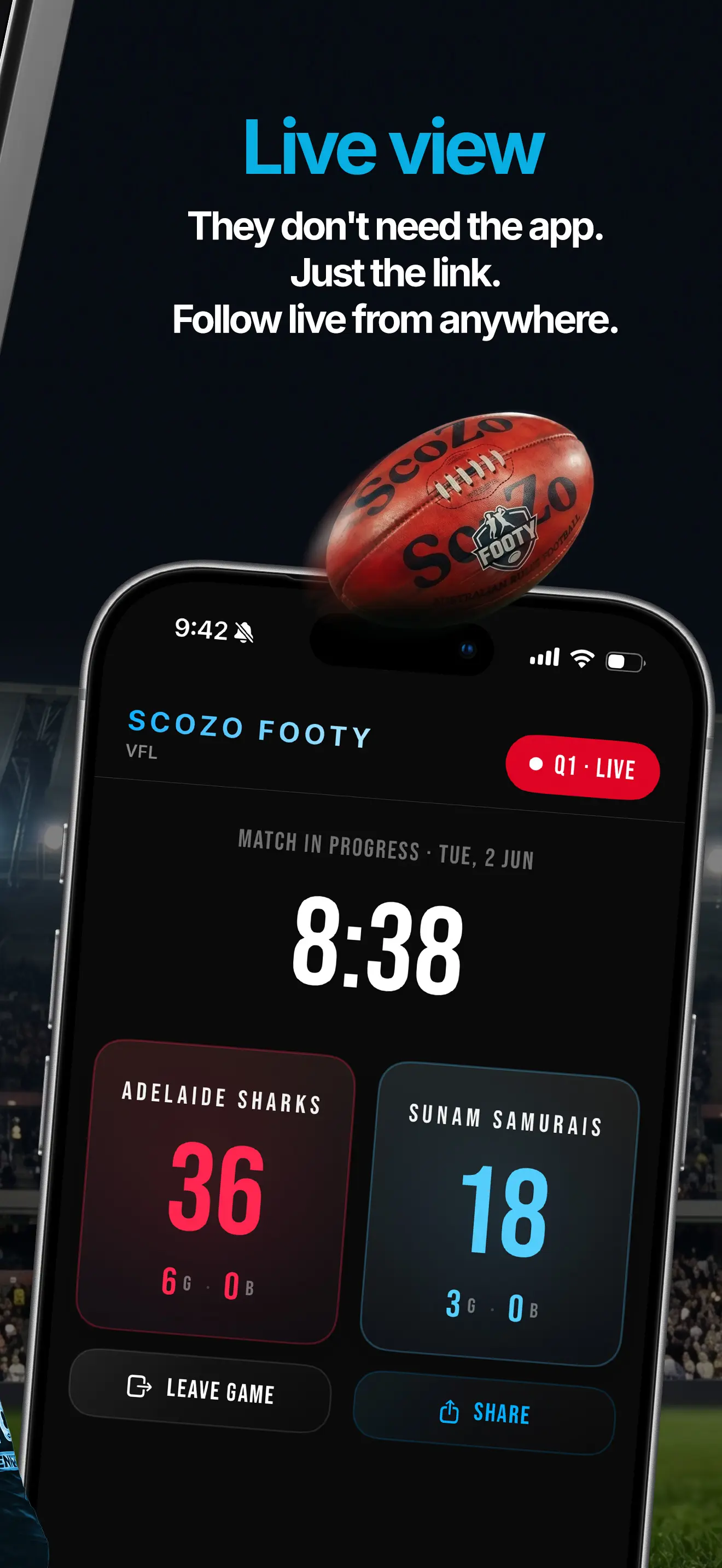 ScoZo Footy live viewer screen showing the real-time score without the app