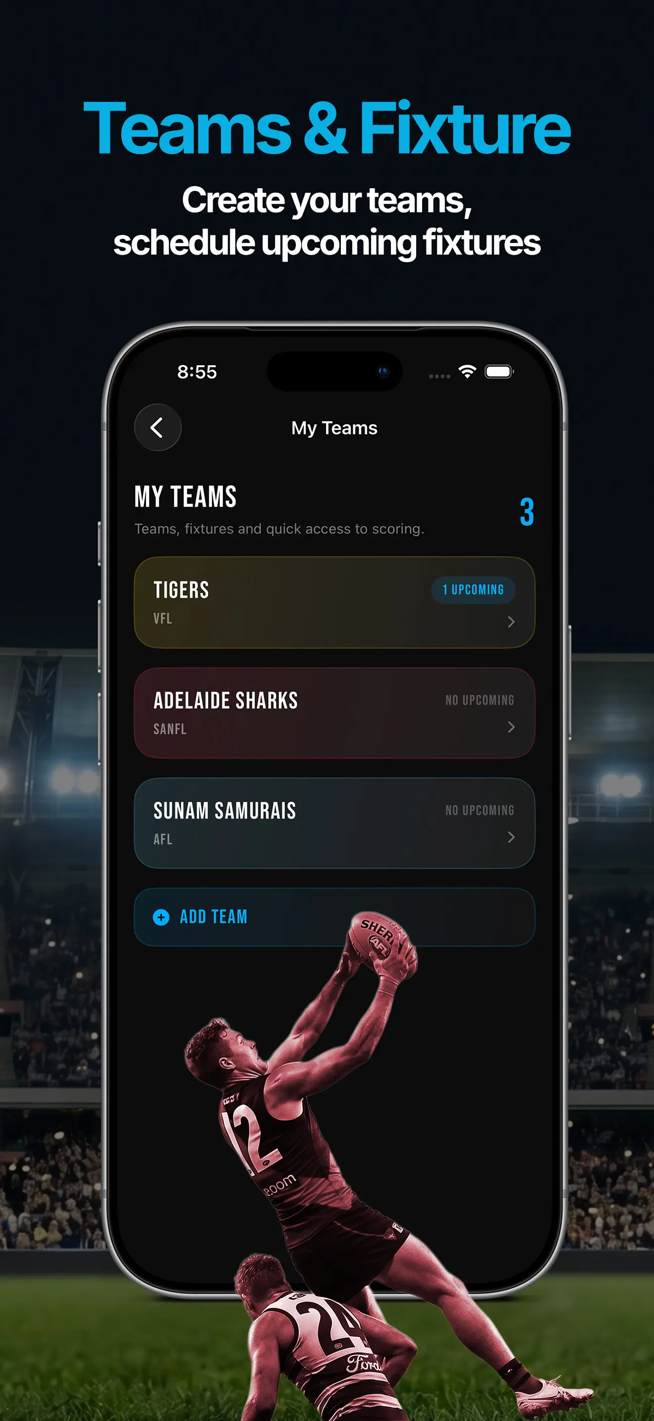 ScoZo Footy team setup screen for names, colours and match details