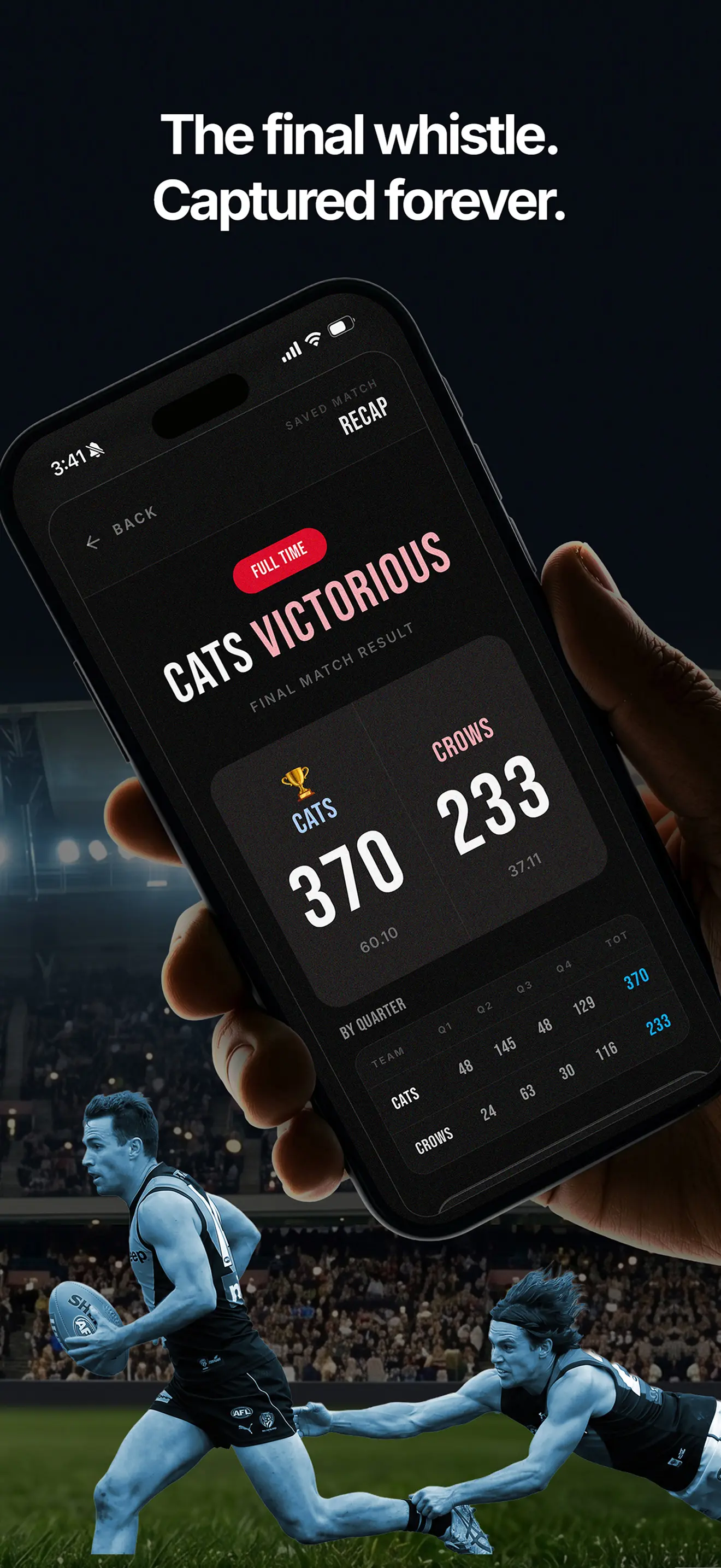 ScoZo Footy match summary screen with final score and stats
