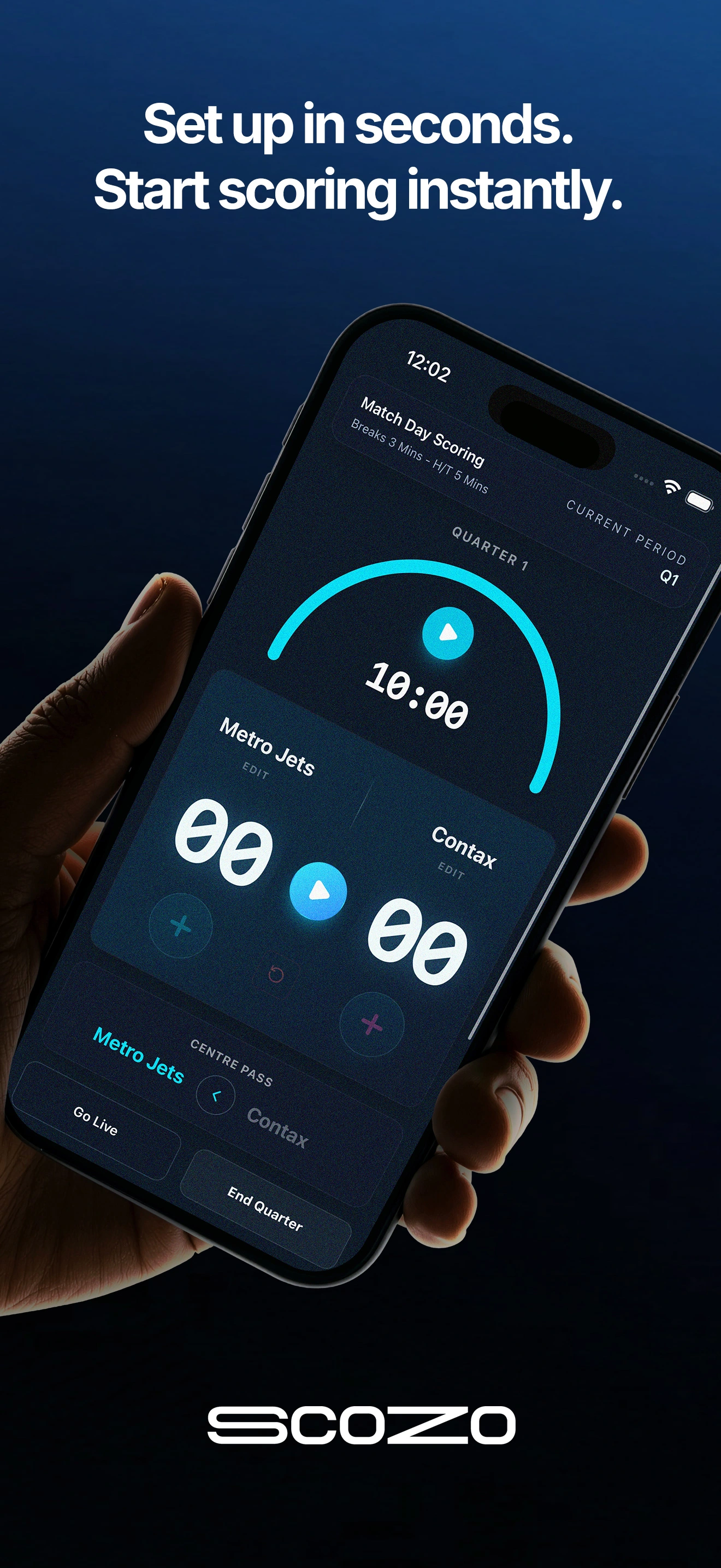 ScoZo netball scoring screen showing live quarter timer, team scores and centre pass indicator