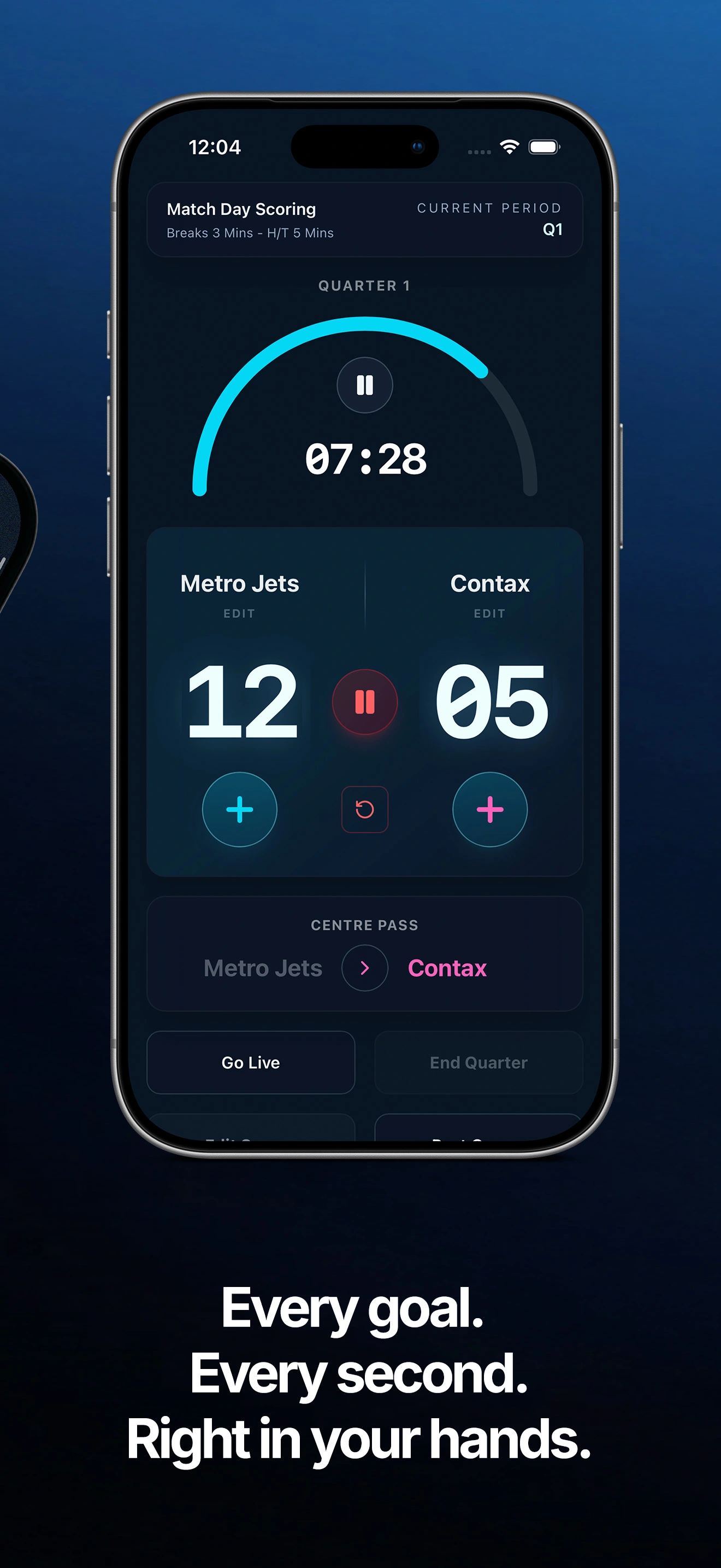 ScoZo netball app showing active quarter 1 timer at 7:28 with live team scores