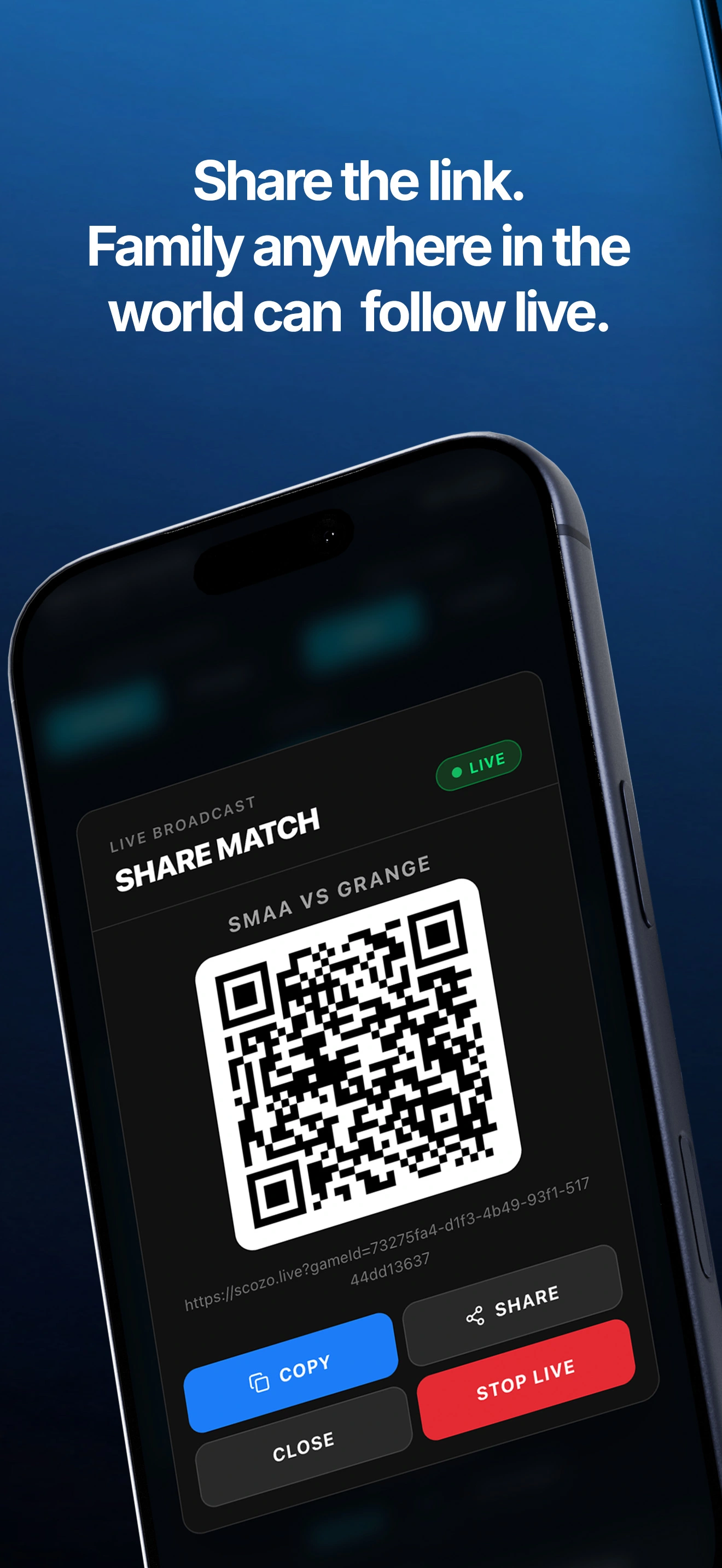 ScoZo netball live share screen with QR code to broadcast match score to spectators