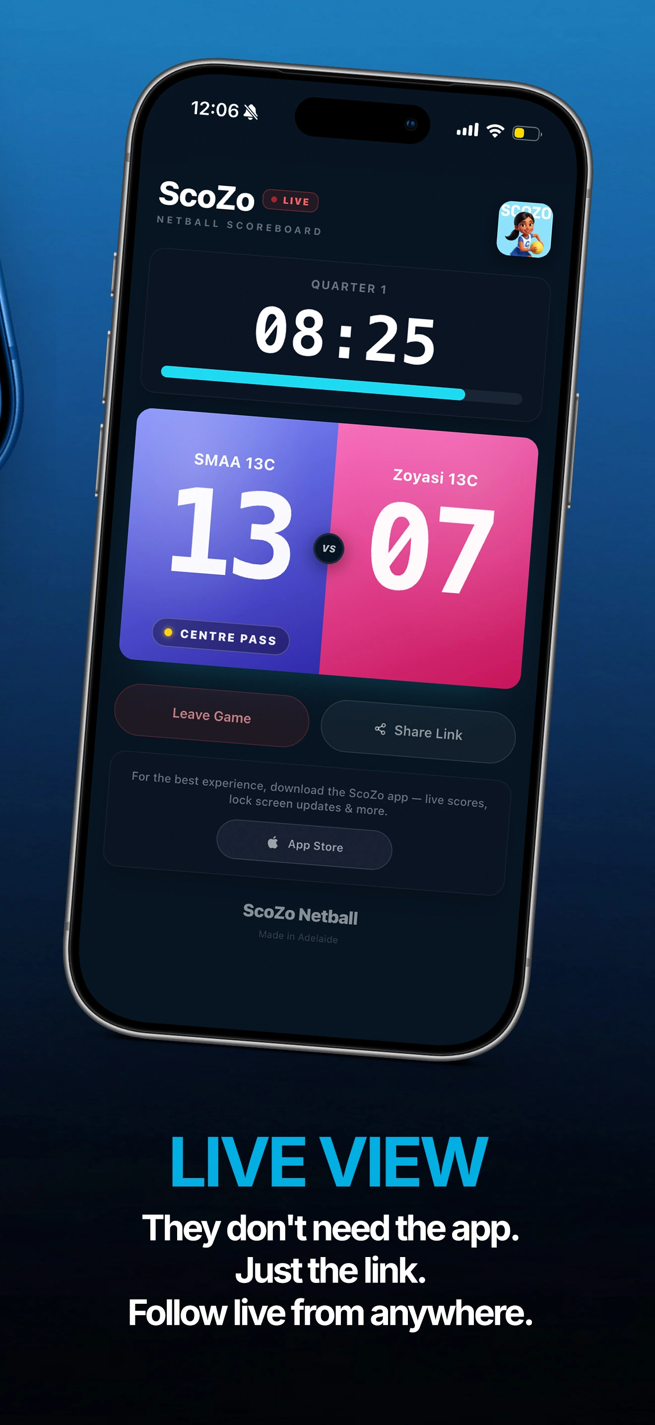 ScoZo netball live viewer screen showing real-time score without needing the app