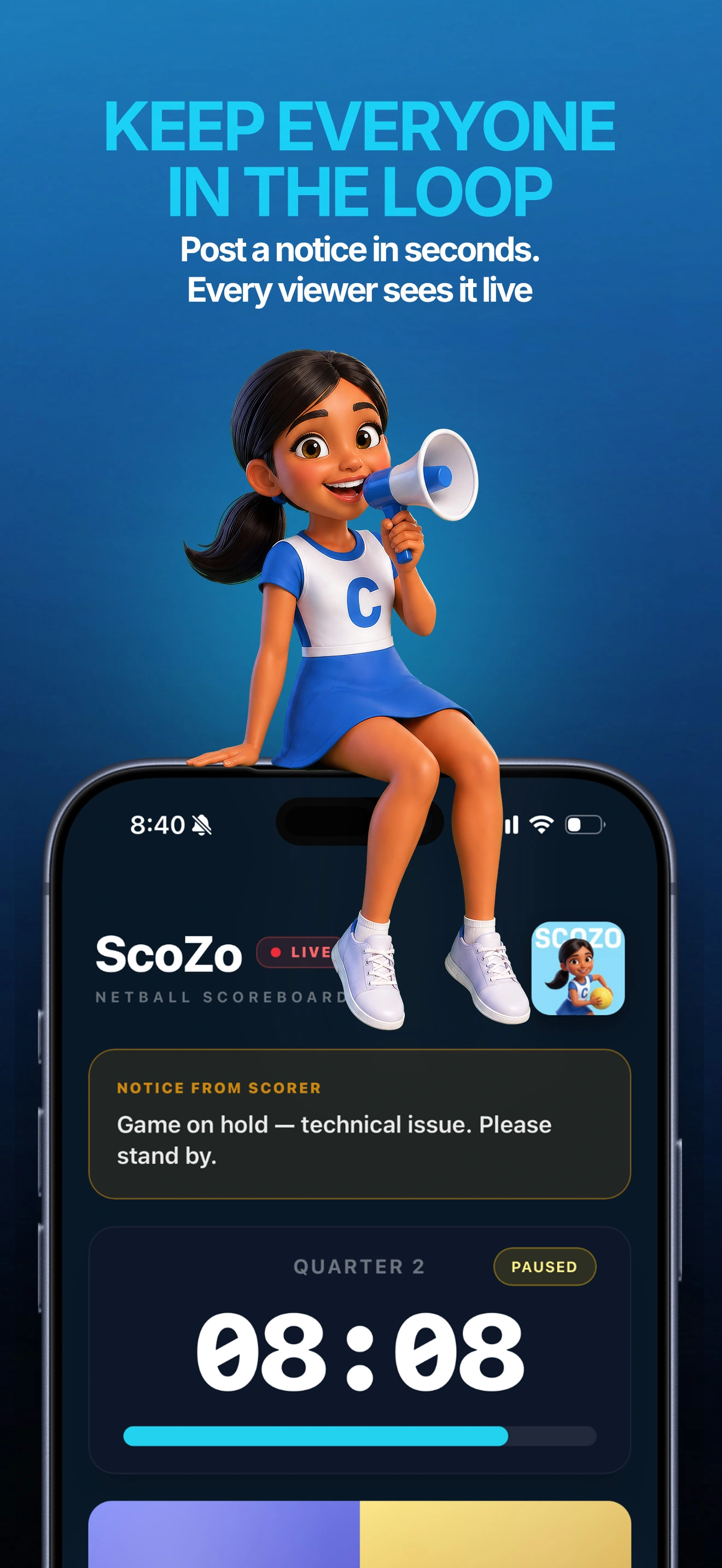 ScoZo netball notice feature letting scorer post live messages to all spectators