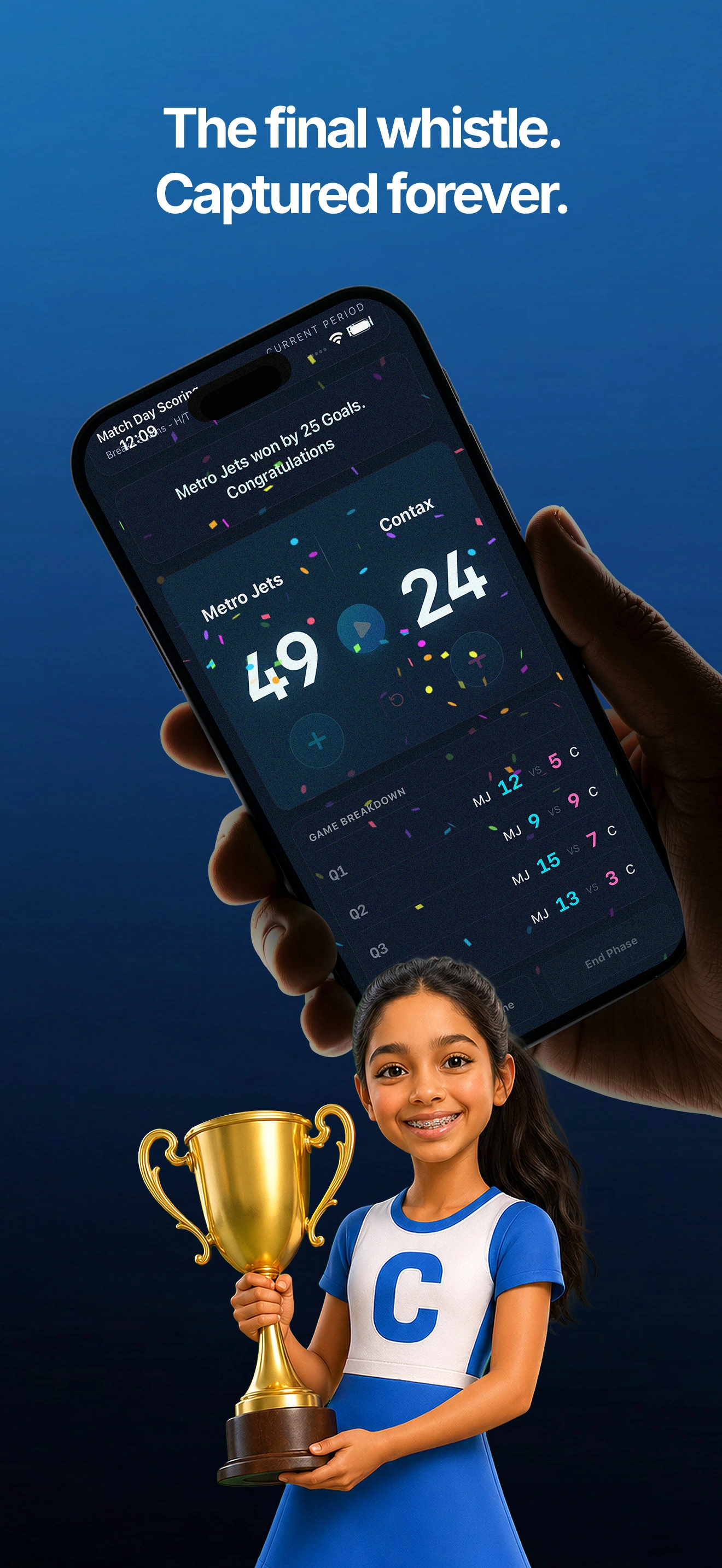 ScoZo netball match summary screen showing final score and quarter-by-quarter breakdown