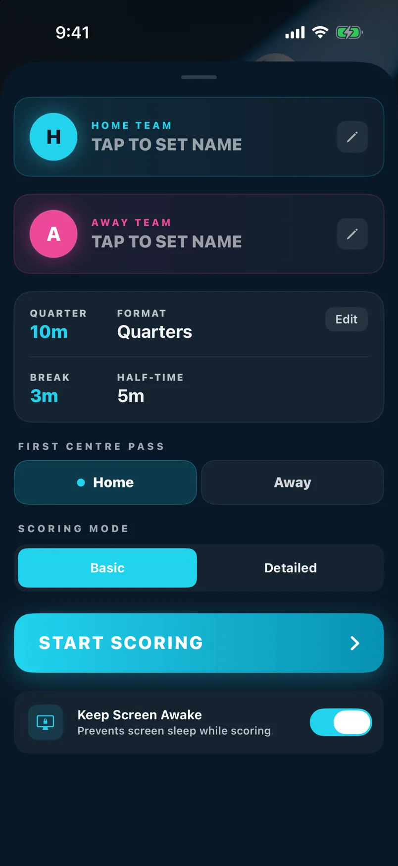 Setup sheet — teams