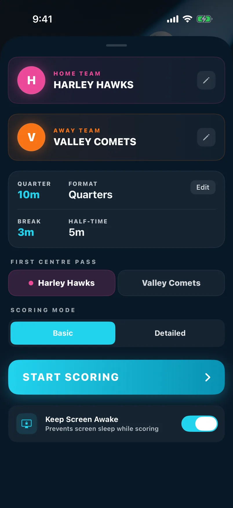 Centre pass + scoring mode