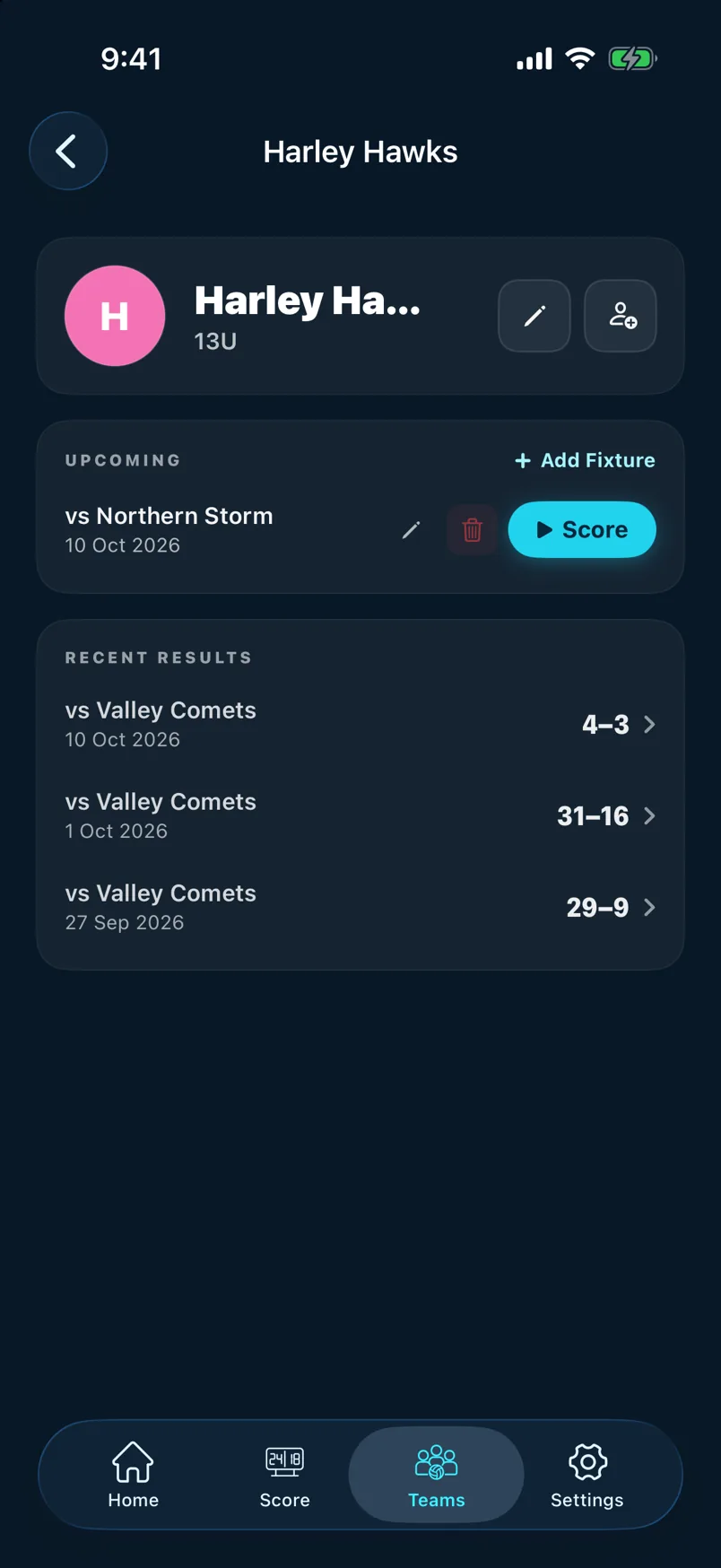 Fixtures list — Score button