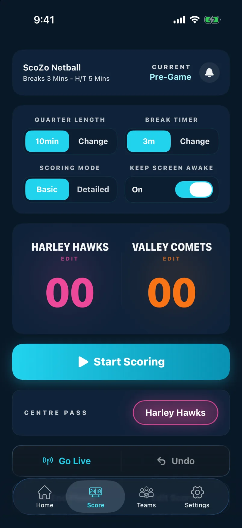 Scoreboard — 0–0, timer ready