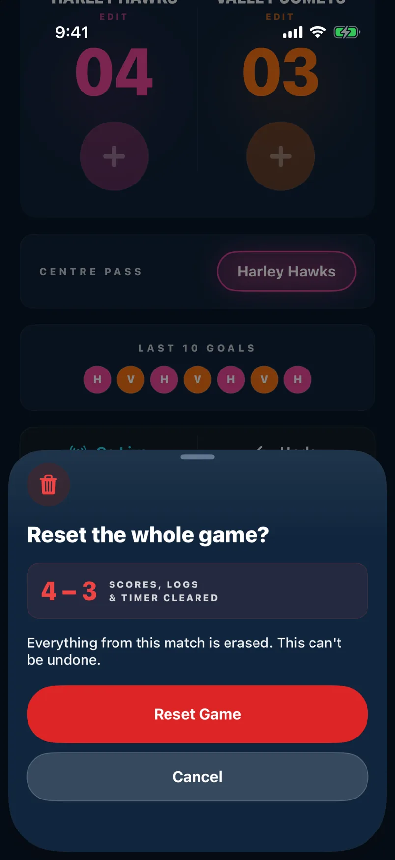 Reset modal — Reset Phase + Reset Game