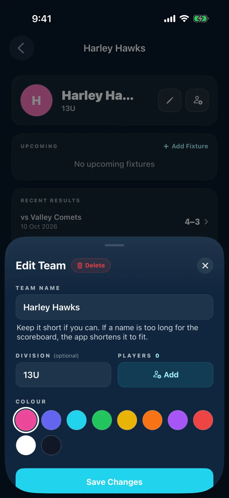 Add/edit team sheet