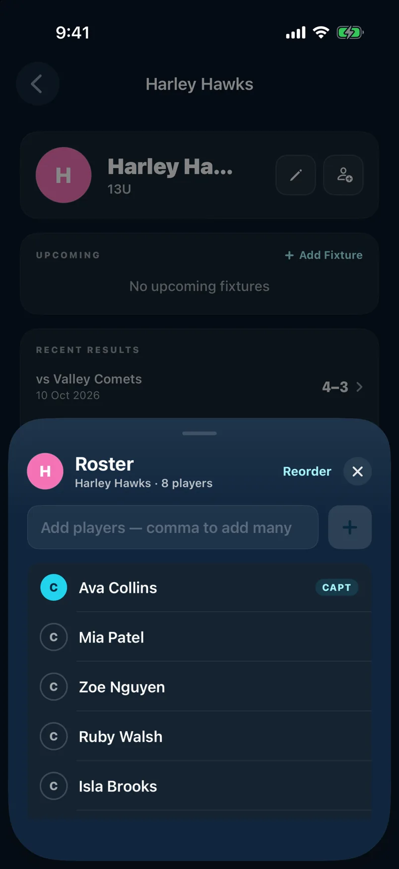 Roster with captain marked
