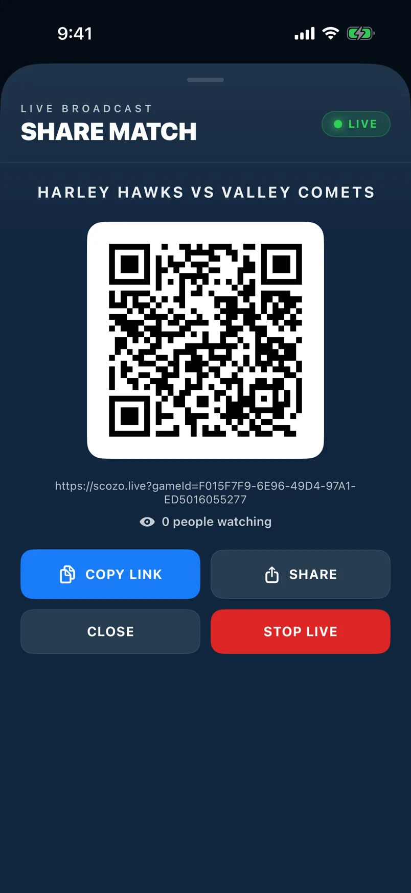 Go Live sheet — code + QR + viewer count