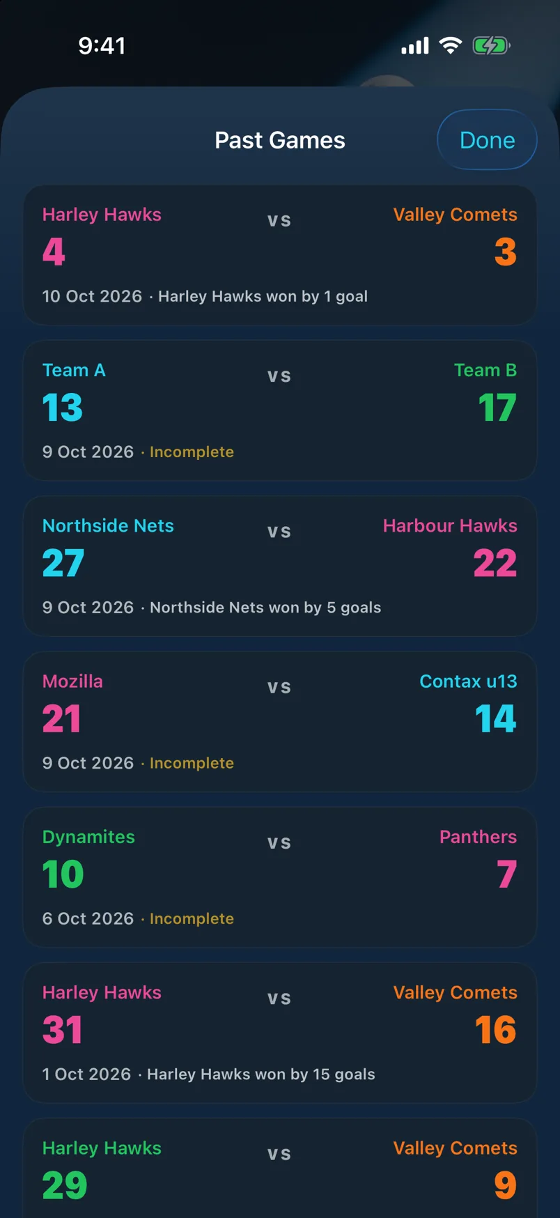 Past Games list