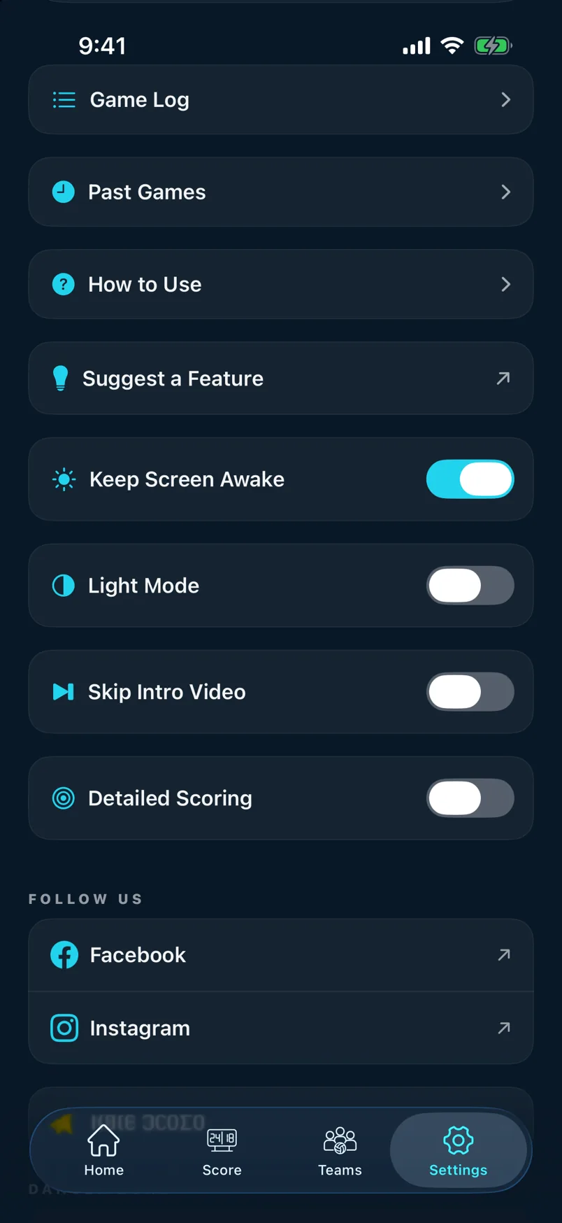 Settings top — toggles
