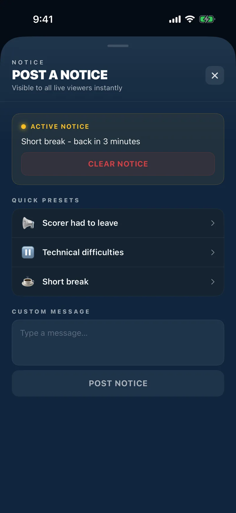 Active Notice — Clear Notice button