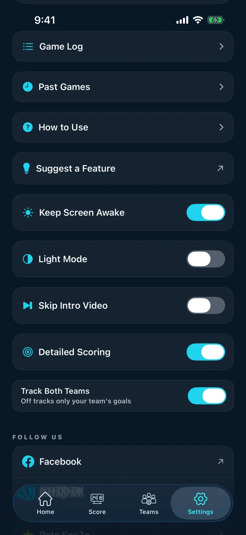 Settings during a game, with the Detailed Scoring toggle